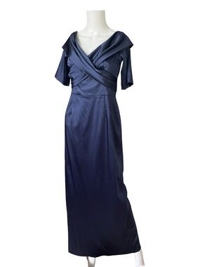 Rickie Freeman for Teri John Off Shoulder Elbow Sleeve Satin Gown Blue Size 8